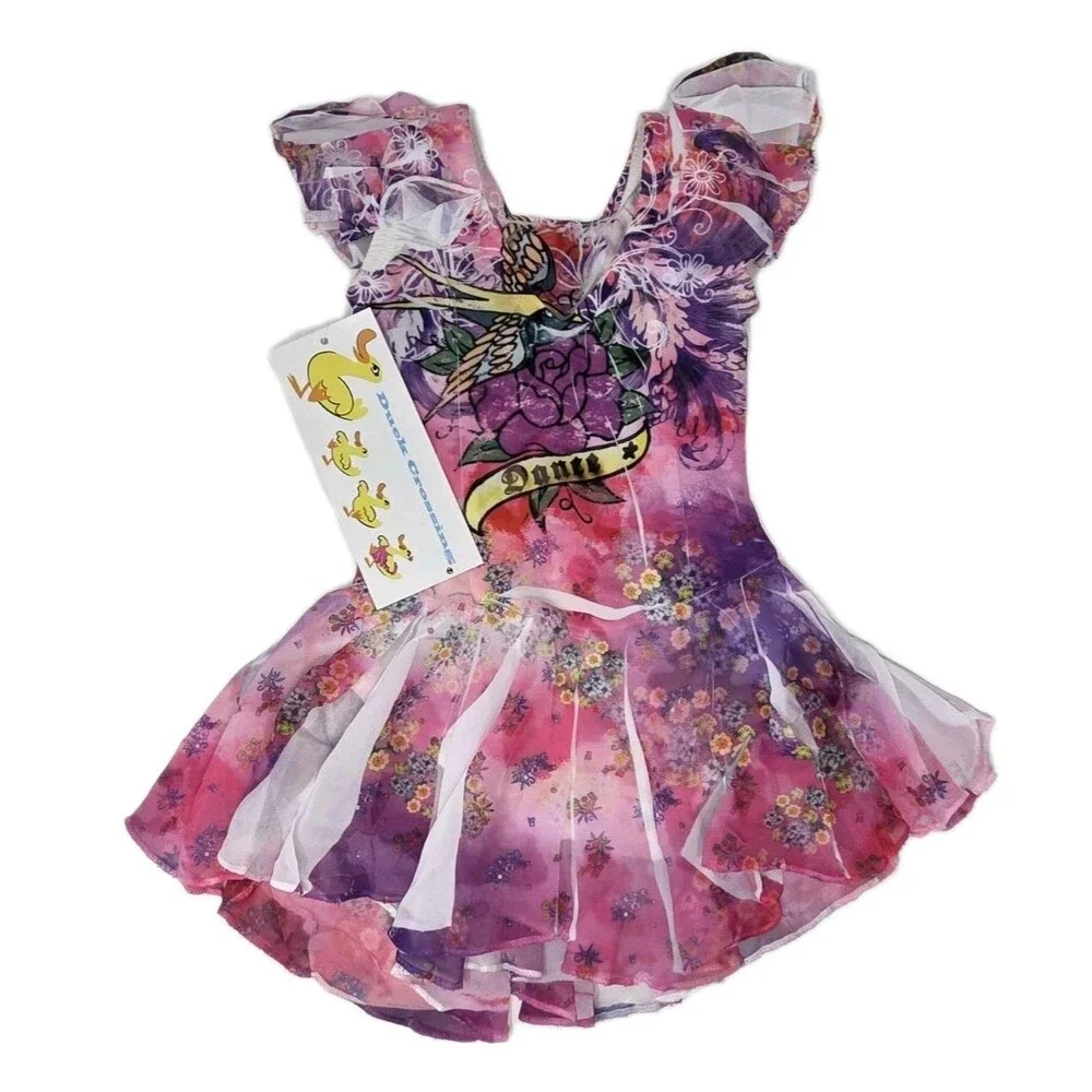 Duck Crossing Y2K Leotard Dance Skate Dress Bling Rose Airbrush CS Size S